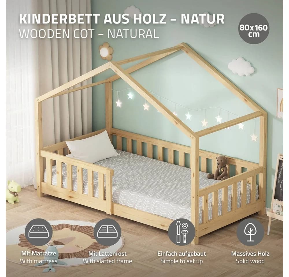 ML-DESIGN Kinderbett Hausbett Kiefernholz Beige mit Matratze