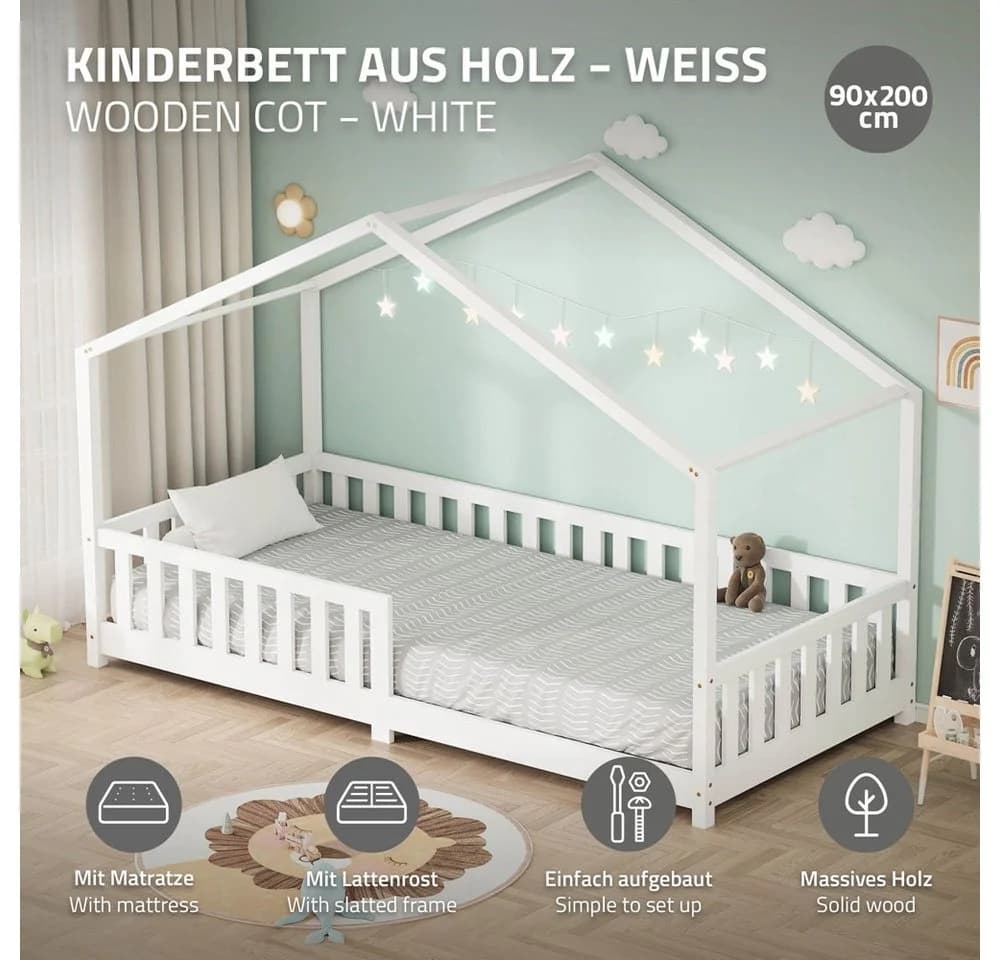ML-DESIGN Kinderbett Hausbett Weiß mit Matratze & Lattenrost
