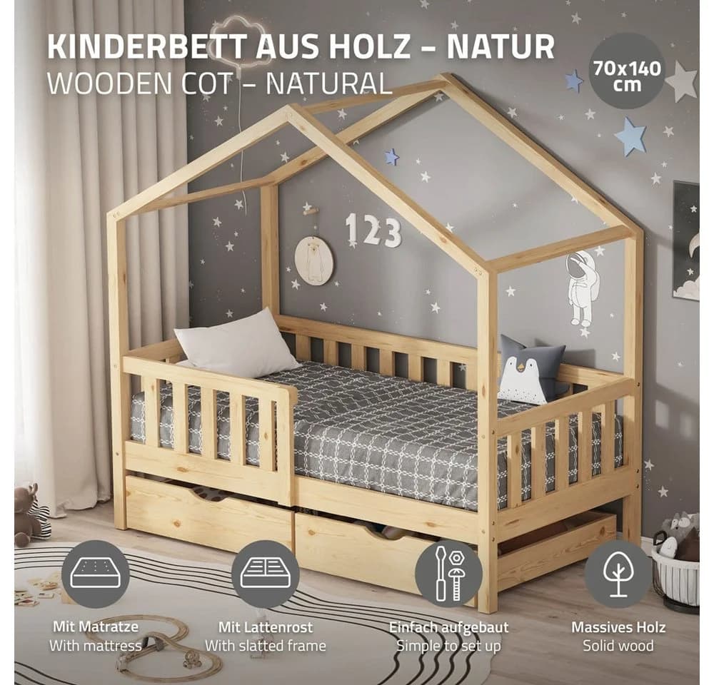 ML-DESIGN Kinderbett Hausbett mit Schubladen und Matratze Natur