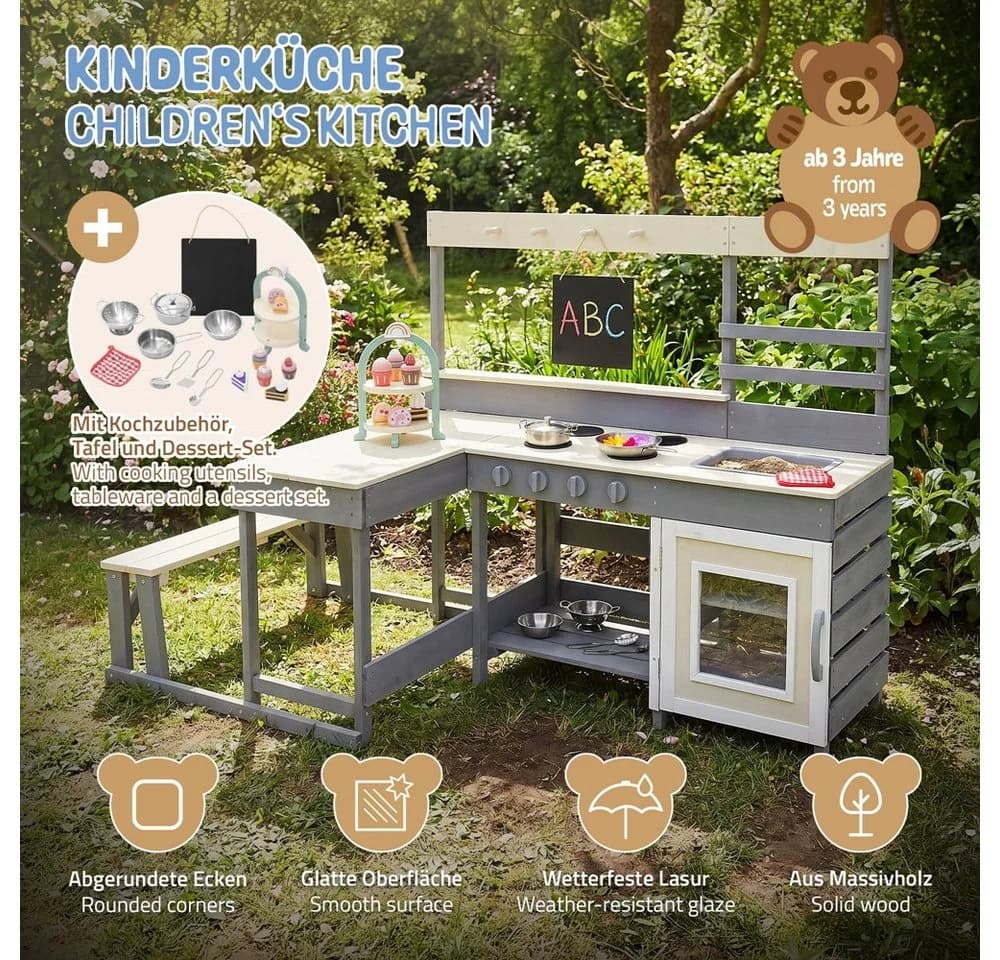 Joyz Outdoor-Spielküche mit Sitzbank und Zubehör