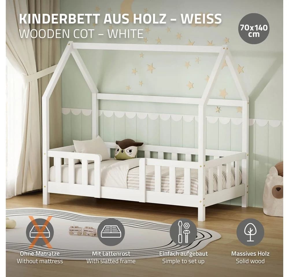 ML-DESIGN Kinderbett Hausbett Weiß Kiefernholz mit Rausfallschutz