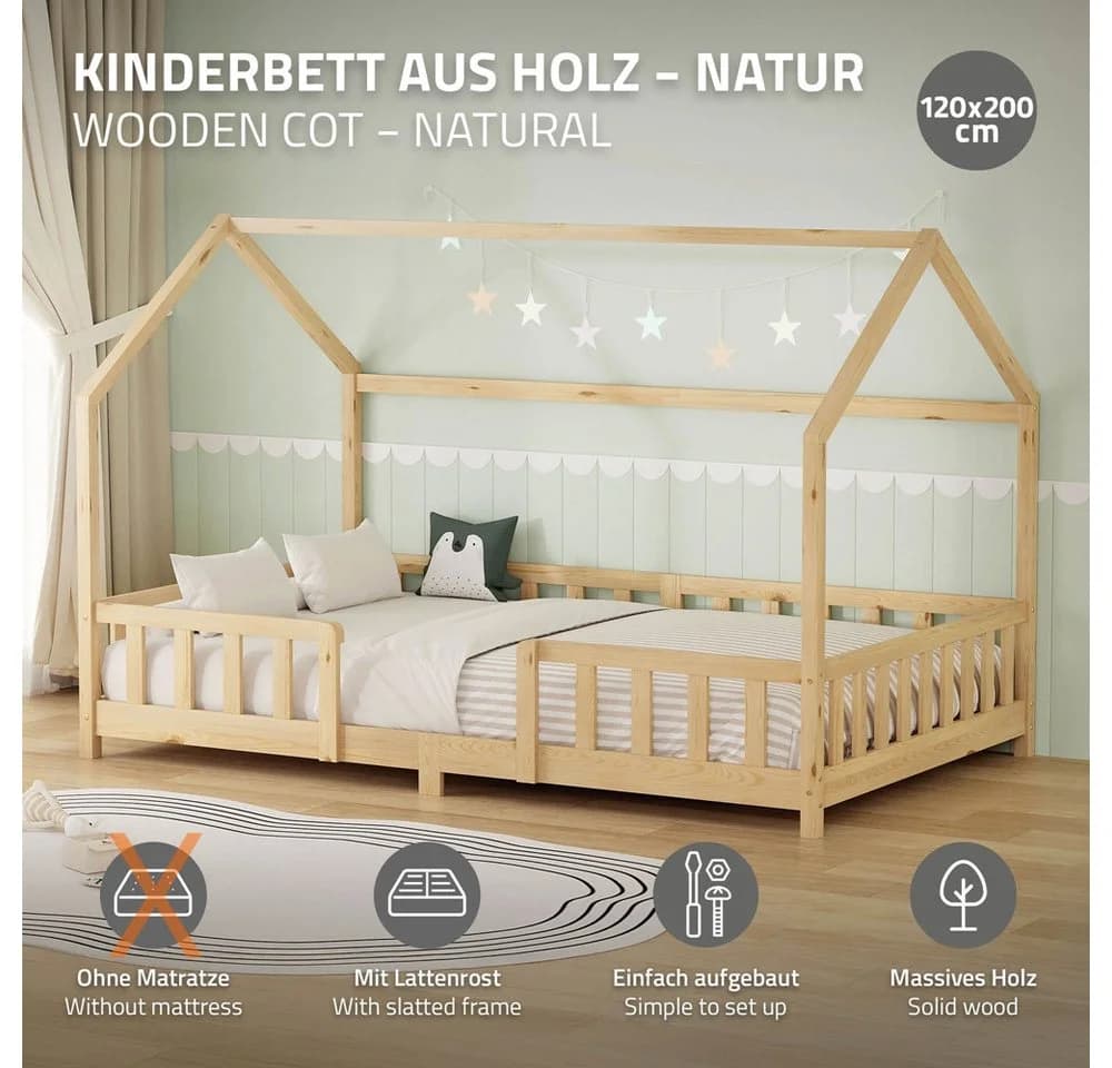 ML-DESIGN Kinderbett Hausbett Kiefernholz Beige mit Rausfallschutz