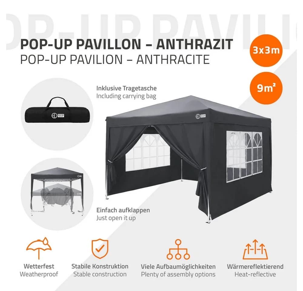 ECD Germany Pop-Up Pavillon 3x3m Anthrazit mit Seitenwänden
