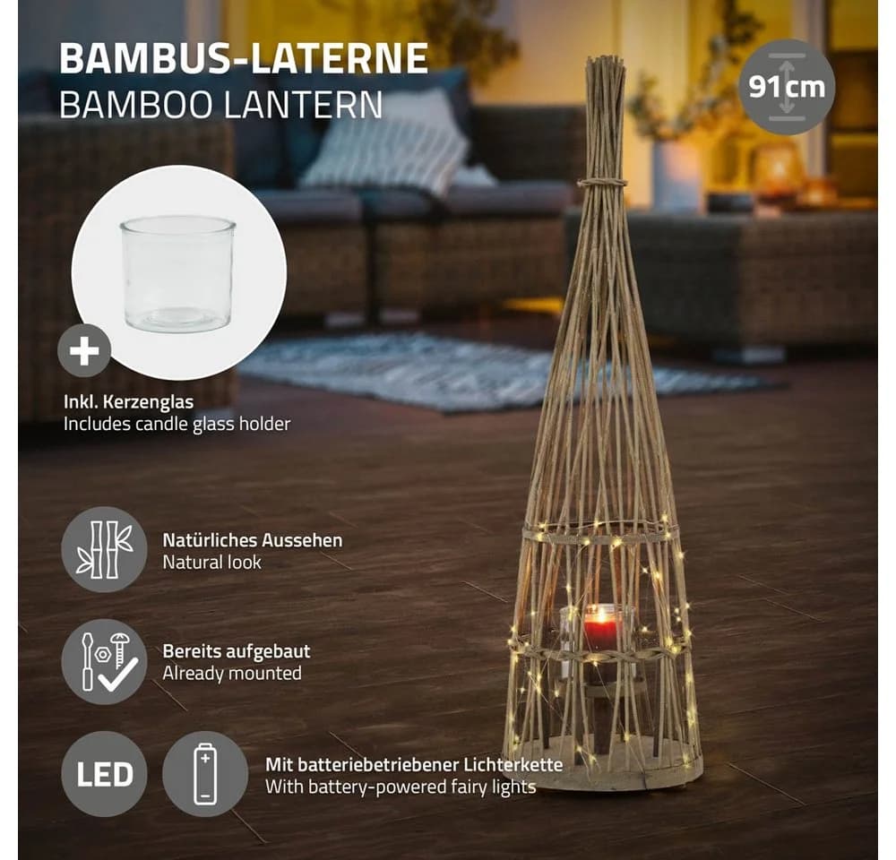 ECD Germany Bambus Laterne mit Kerzenglas & LED-Lichterkette