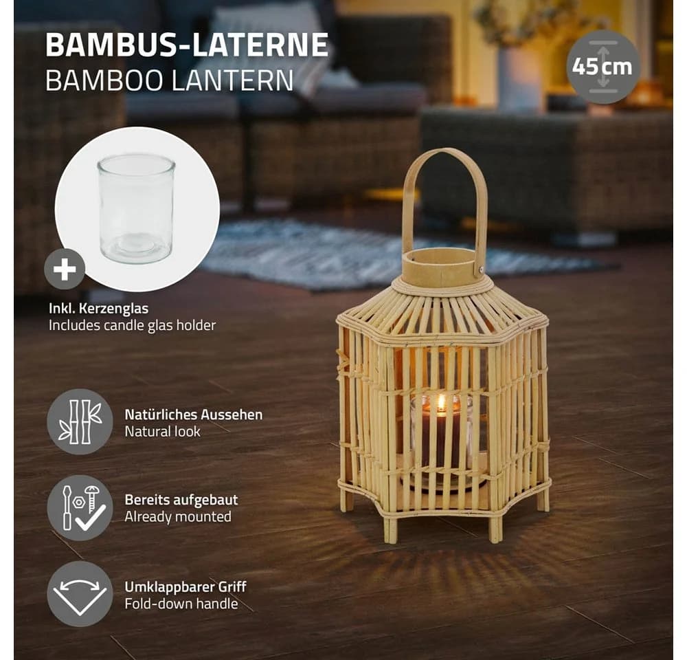 ECD Germany Bambus Laterne mit Henkel & Kerzenglas