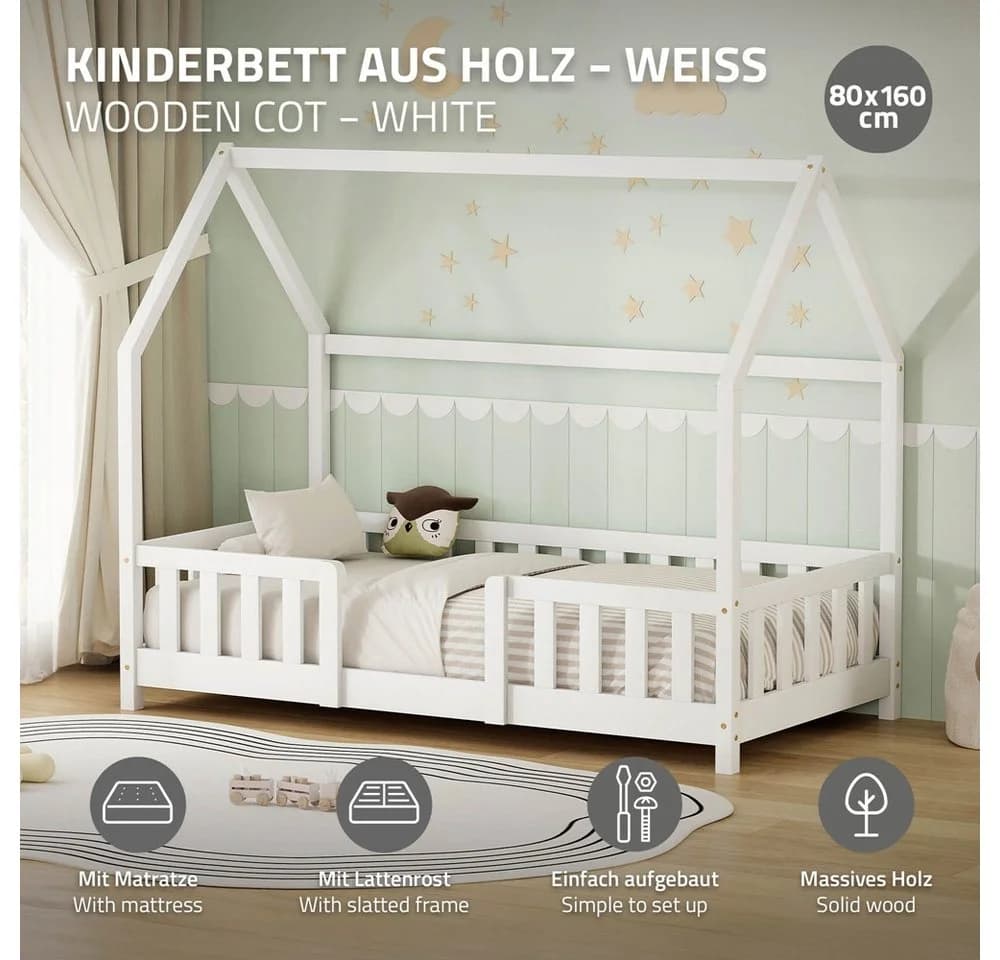 ML-DESIGN Spielbett Hausbett Kinderbett Weiß mit Matratze