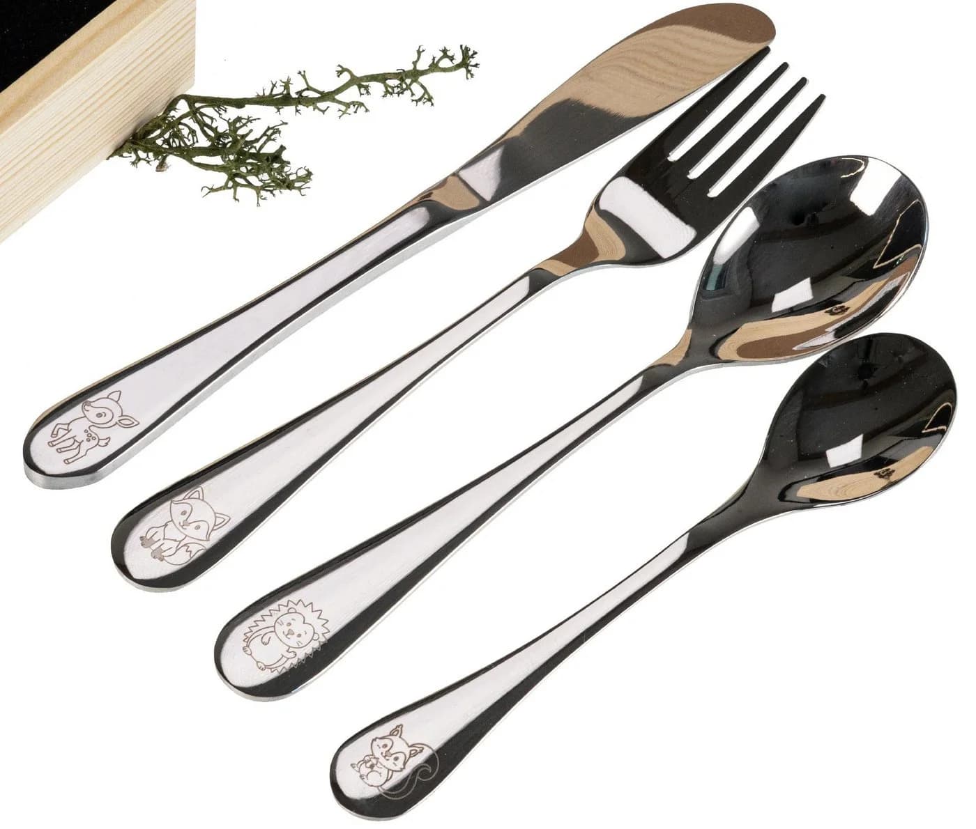 Holz Frank Kinderbesteck Set Edelstahl mit Waldtieren Gravur in Holzkiste