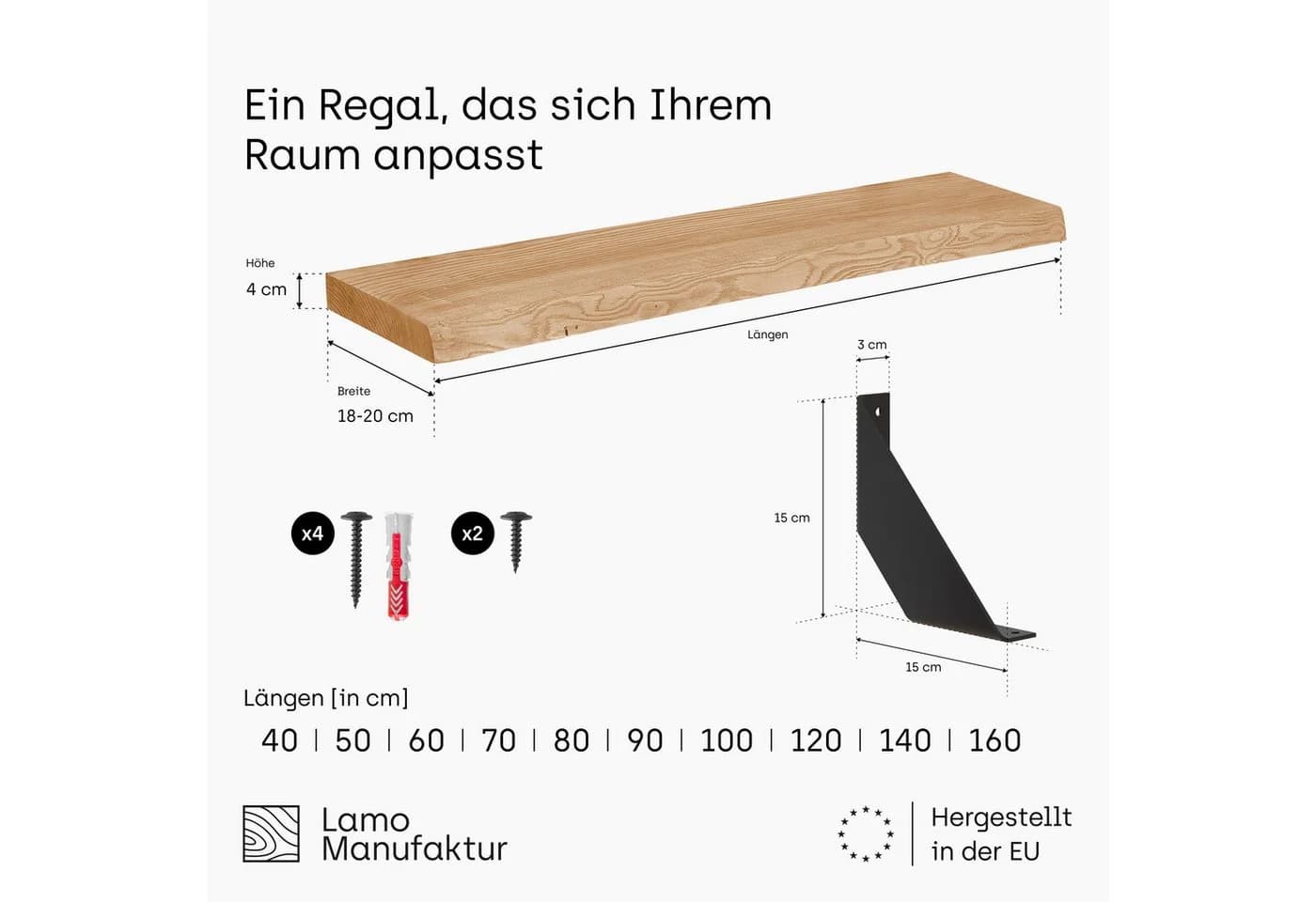 LAMO Manufaktur Wandregal Esche massiv mit Baumkante & Vintage-Winkel