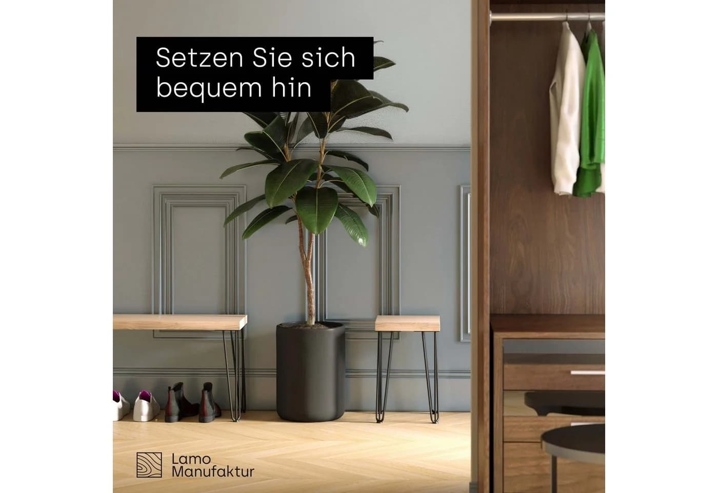 LAMO Manufaktur Sitzbank LSB Grau Massivholz Stahl Industrial