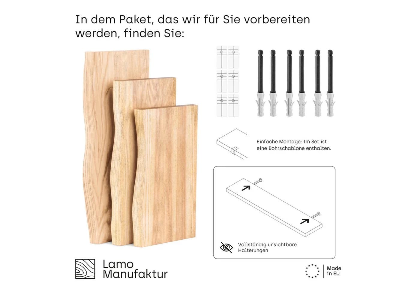LAMO Manufaktur Wandregal Set 3-tlg. Massivholz Esche Natur