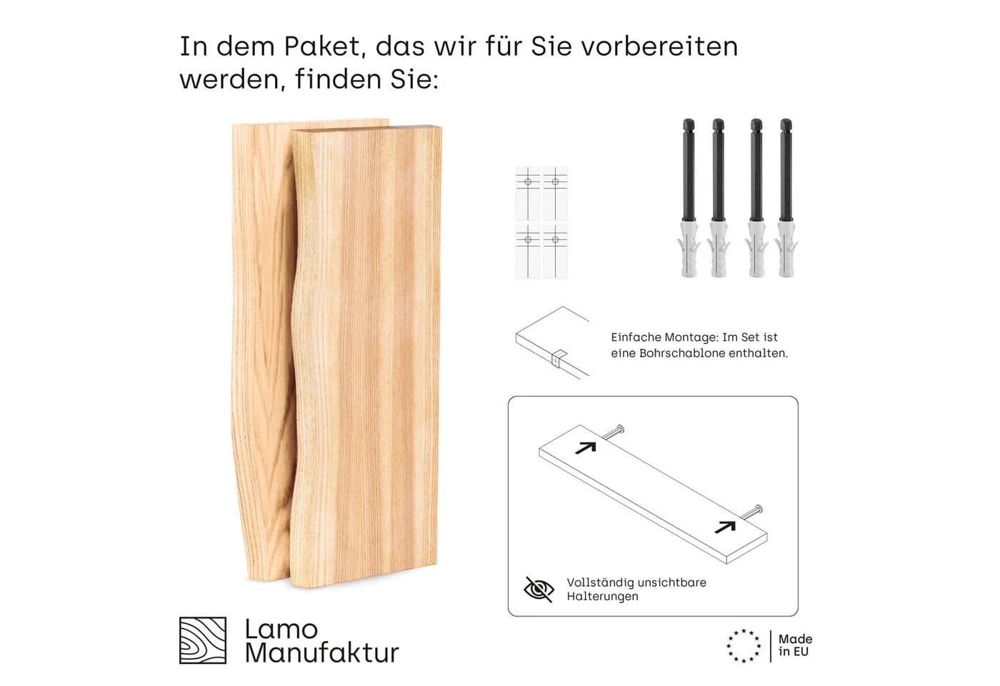 LAMO Manufaktur Wandregal Set 2 Stück Massivholz Baumkante Natur