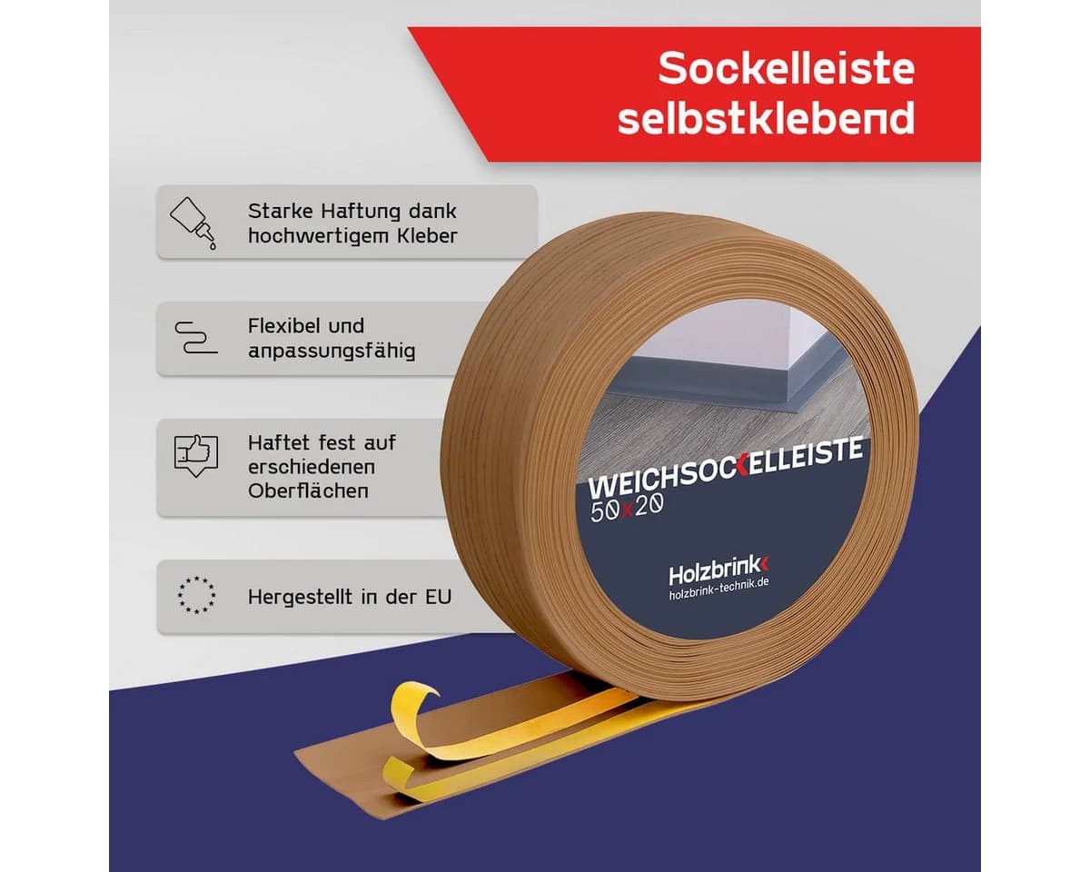 HOLZBRINK Sockelleiste selbstklebend PVC 50x20mm 1m Rolle Küchenleiste Abschlussleiste für Badezimmer Farbe: Eiche hell