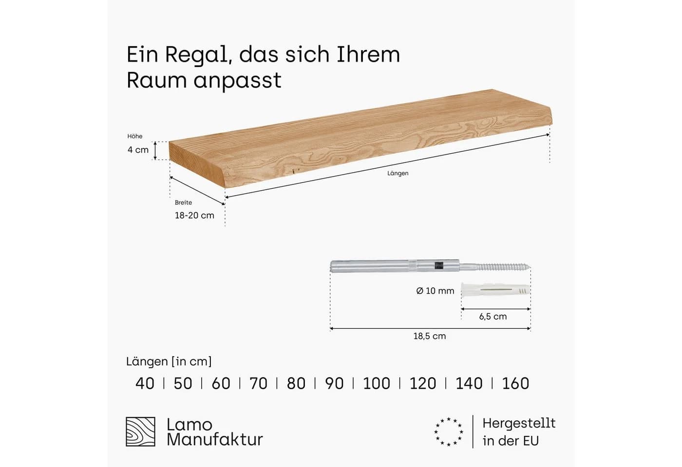 LAMO Manufaktur Wandregal Invisible 40 cm Massivholzplatte
