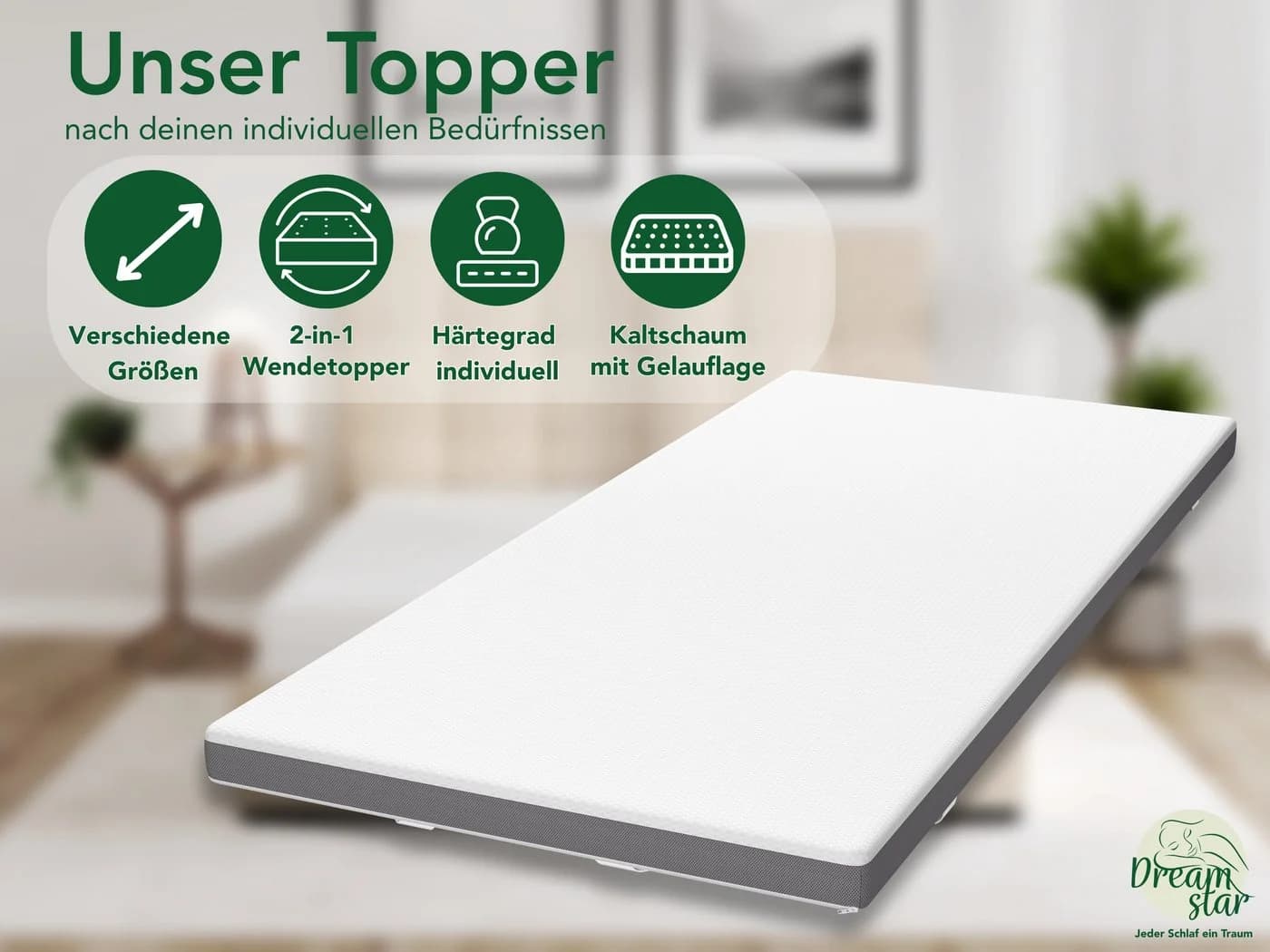 Dreamstar Topper 7-Zonen mit Gel-Memoryschaum H2/H3 8 cm weiß