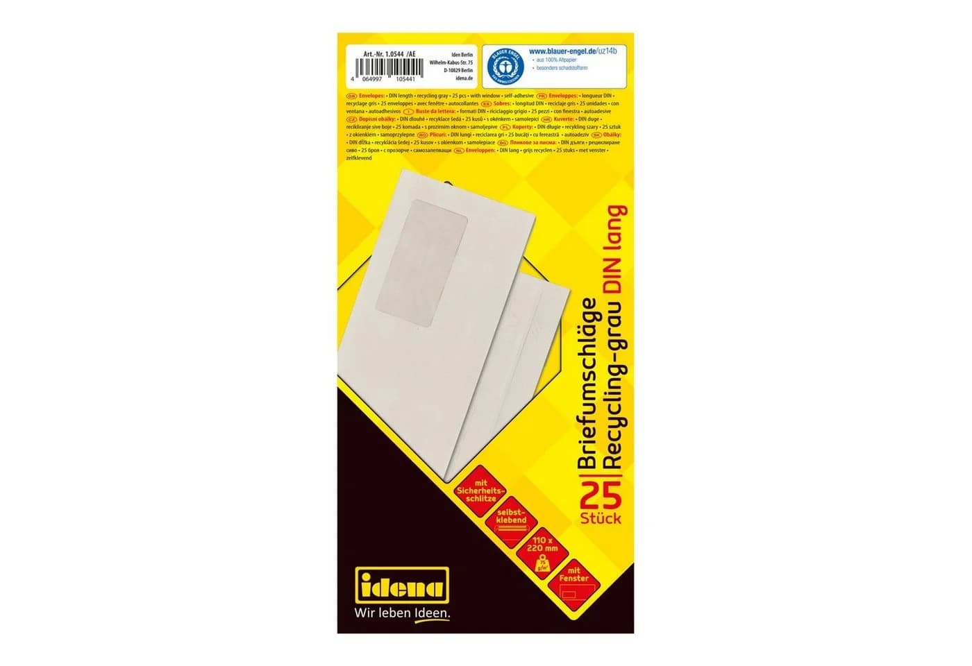 Idena Briefumschläge 75g/m2 selbstklebend mit Fenster grau DIN lang 25 Stück recycelt