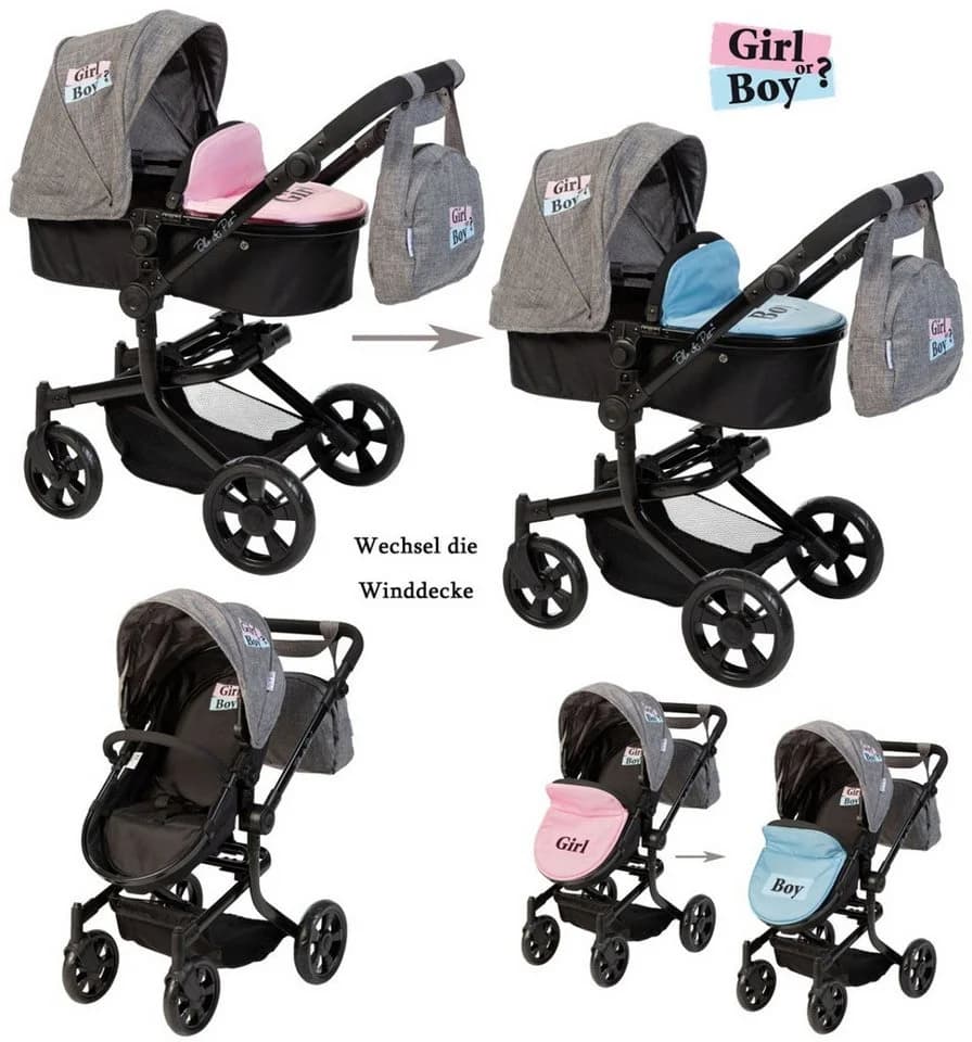 ELLA & PIET® Kombi-Puppenwagen MOOVE4 mit wechselbarer Winddecke 2in1 Schwarz-Grau