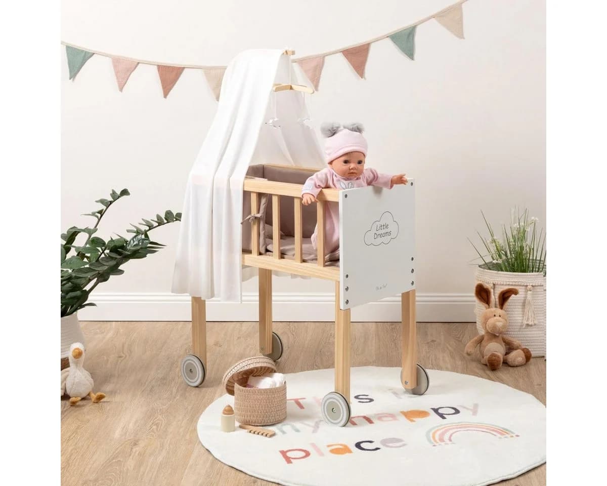 ELLA & PIET® Puppenbett Großer Puppen-Stubenwagen DREAMY aus Holz mit Himmel Weiß