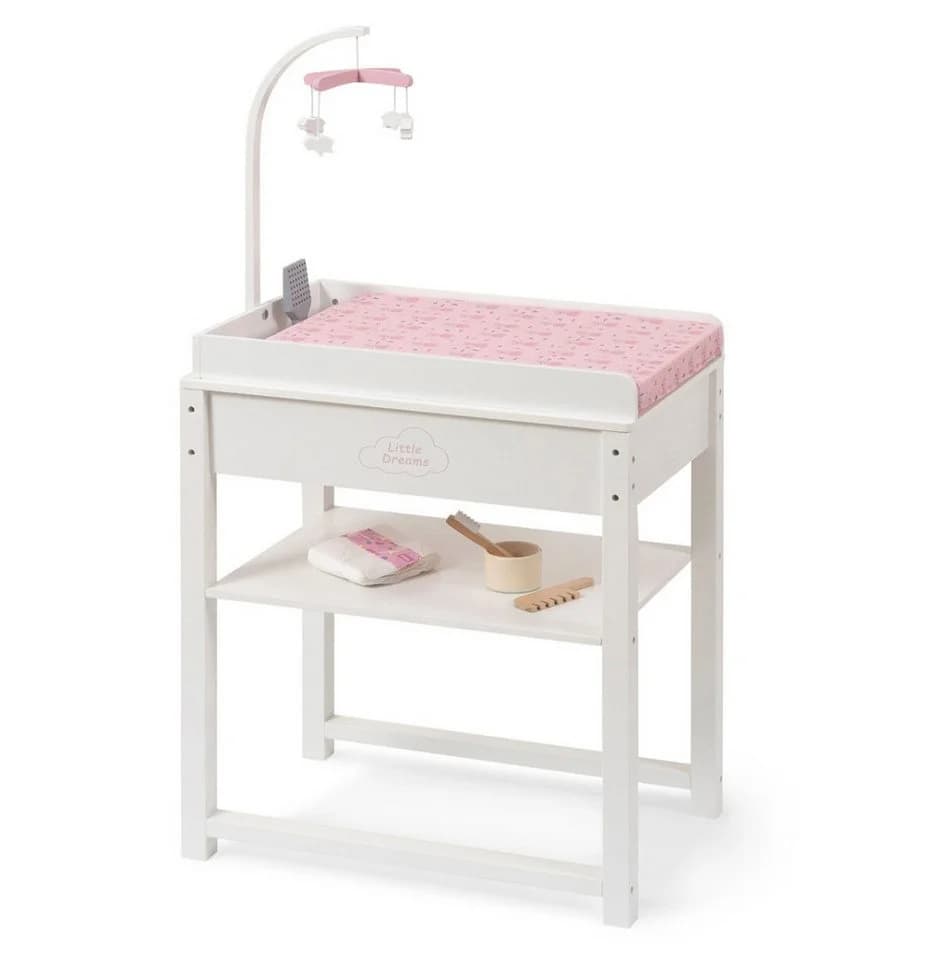 ELLA & PIET® Puppenwickeltisch SPLASHY mit Badewanne und Mobile Weiß-Rosa