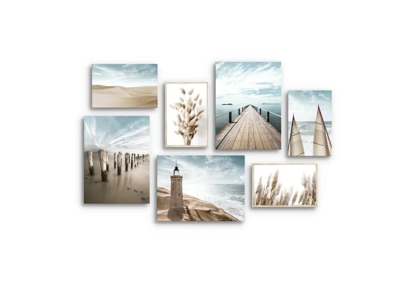 Novart Wandbild Strand Meer Leuchtturm 7-teilig Blau Beige