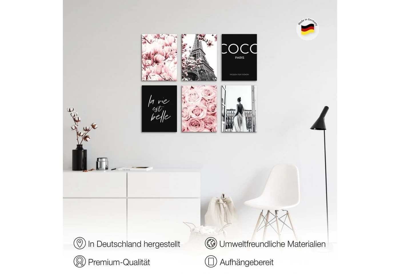 Novart Wandbild-Set 6-teilig Rosa Fashion Paris Mädchen Teenager
