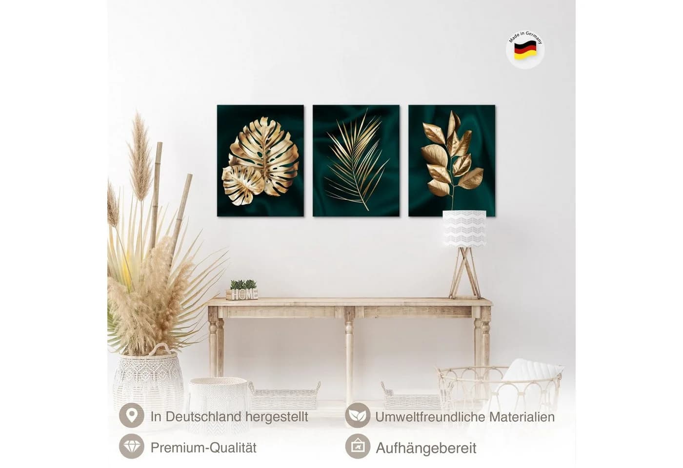 Novart Wandbild Goldene Blätter 3er Set Modern 30x40 cm