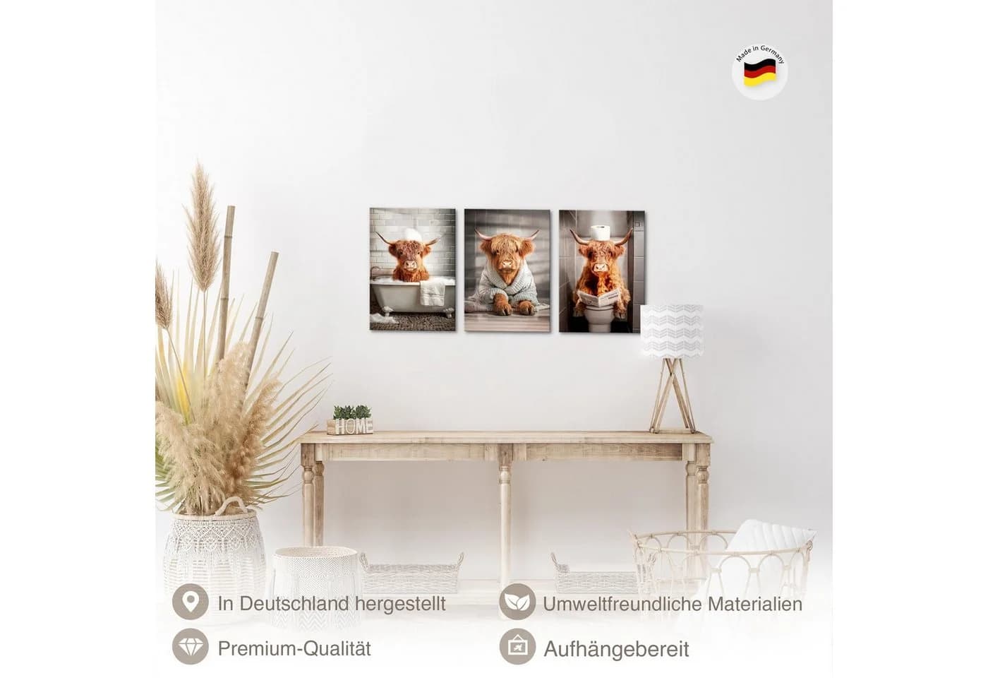 Novart 3er Set Wandbild Orange Kühe Tiere Deko