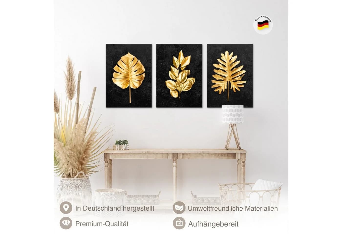 Novart Wandbild-Set 3-teilig "ene Blätter" Aufhängfertig