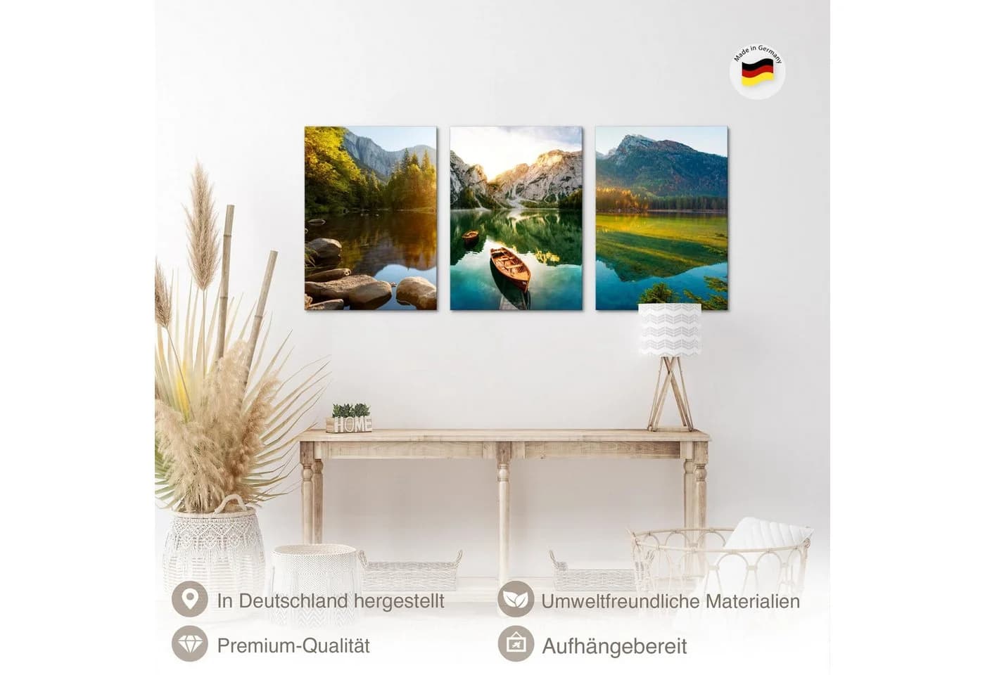 Novart Wandbild-Set 3-teilig See Berge Grün