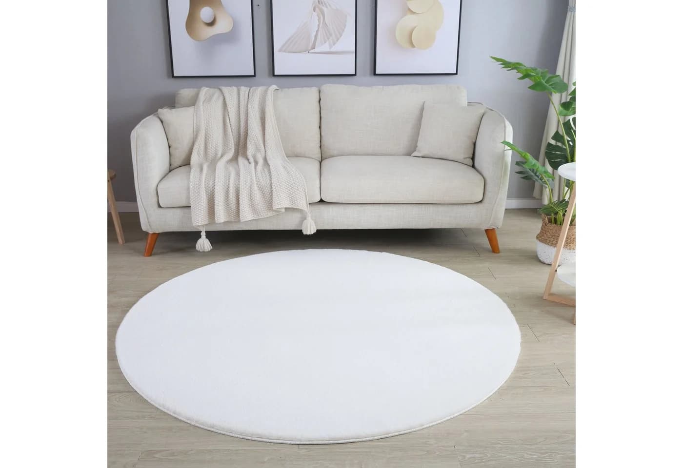 SIMPEX24 Teppich Unicolor Rund Creme Hochflor Polyester