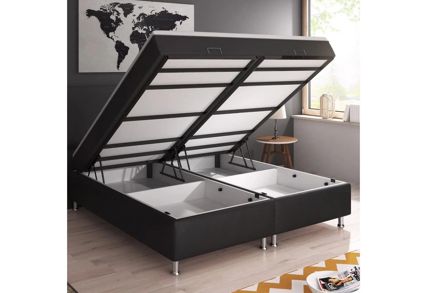 inter Boxbett 180x200 Schwarz Kunstleder mit Bettkasten