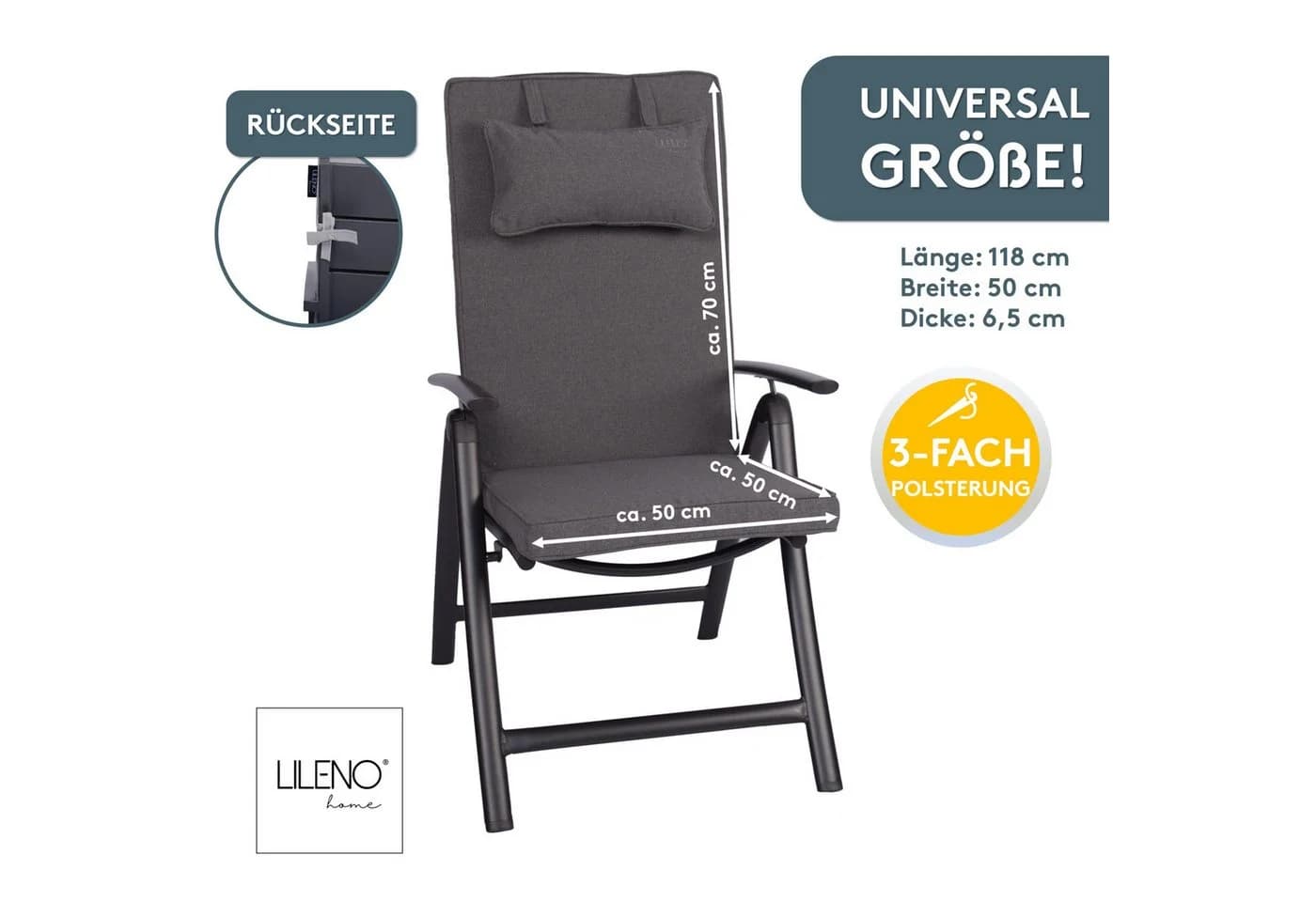 LILENO HOME Hochlehnerauflage mit Kopfkissen Anthrazit
