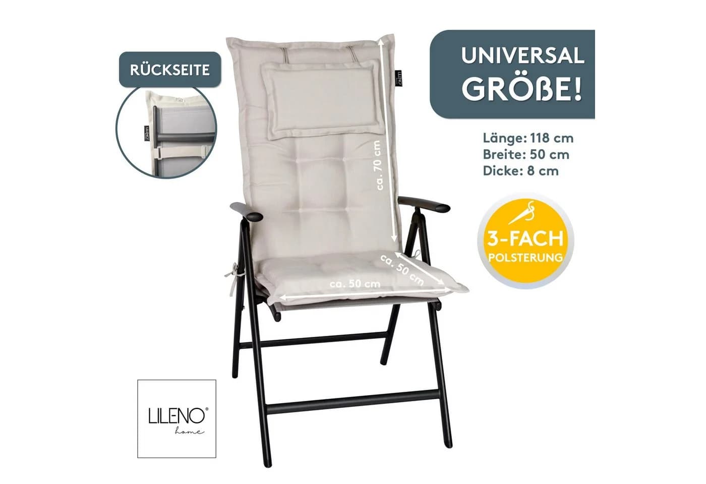 LILENO HOME Hochlehnerauflage Gartenstuhl beige mit Kopfkissen