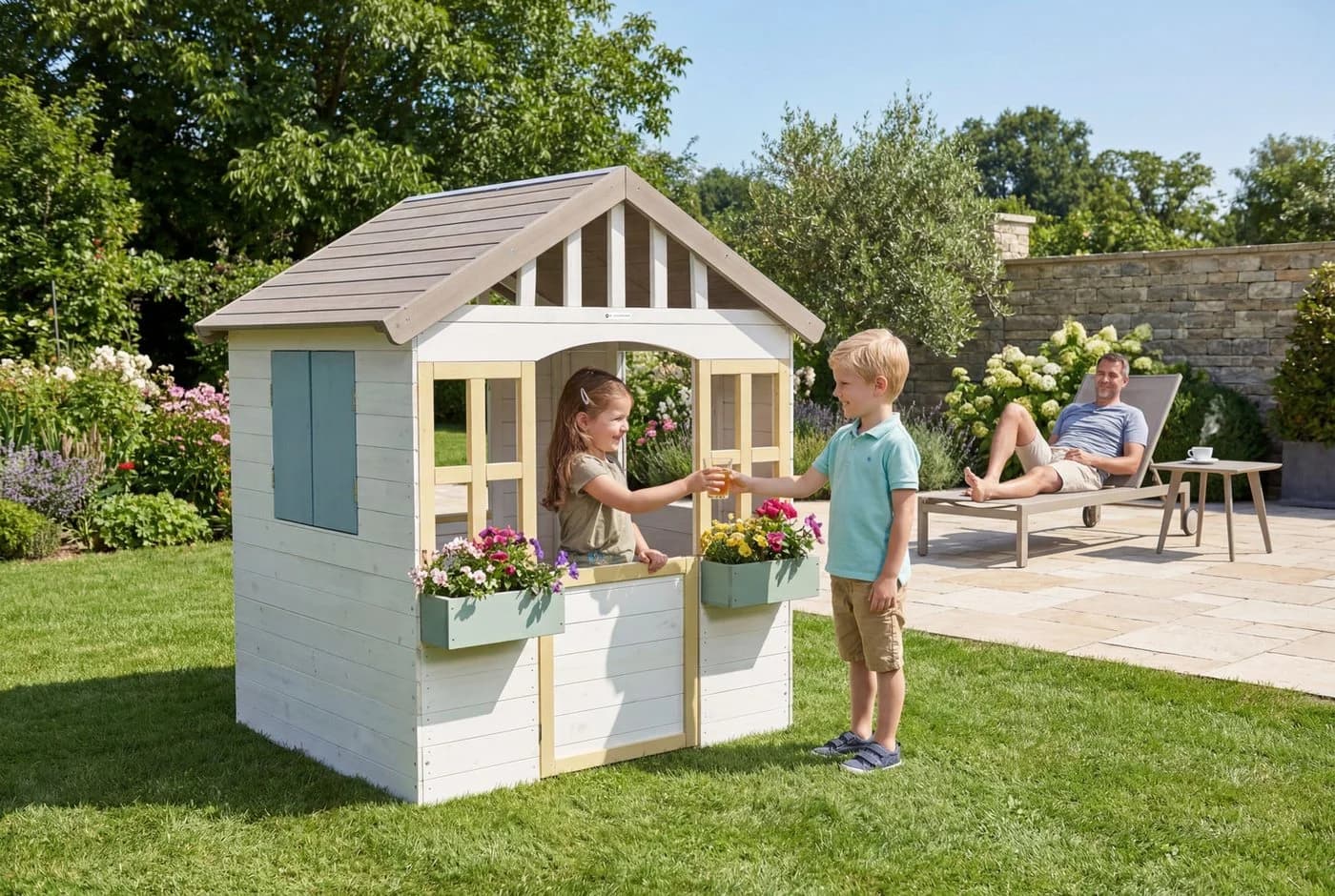 WONDERMAKE Spielhaus Kinder Holz Bunt mit Pflanzkästen
