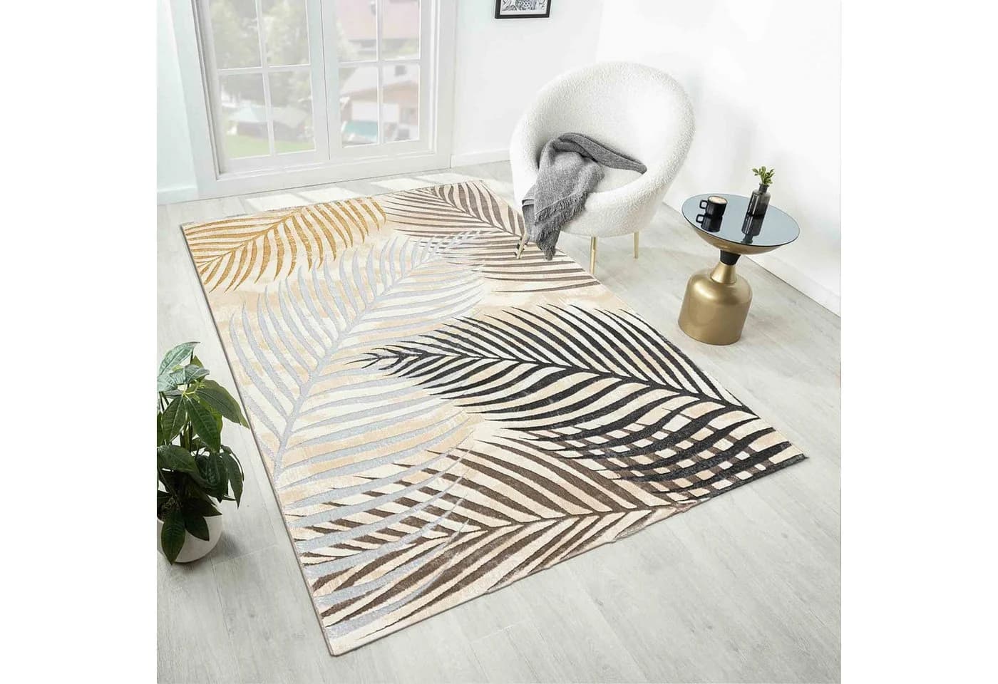 VIMODA Teppich Kurzflor Palmen Muster Grau Creme Beige Gold 160x230 cm