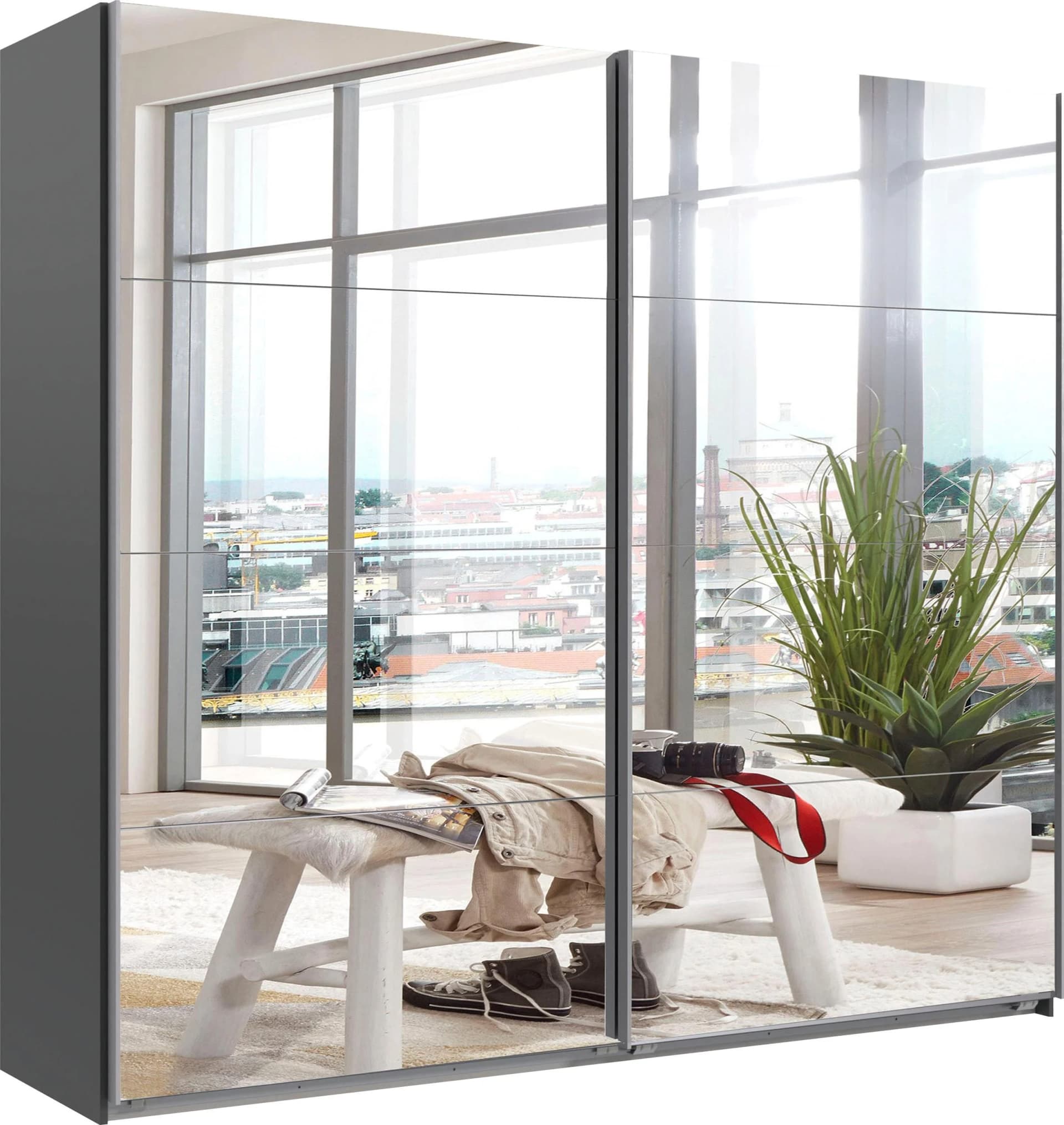 WIMEX England Schwebetürenschrank Grau Spiegel 225cm