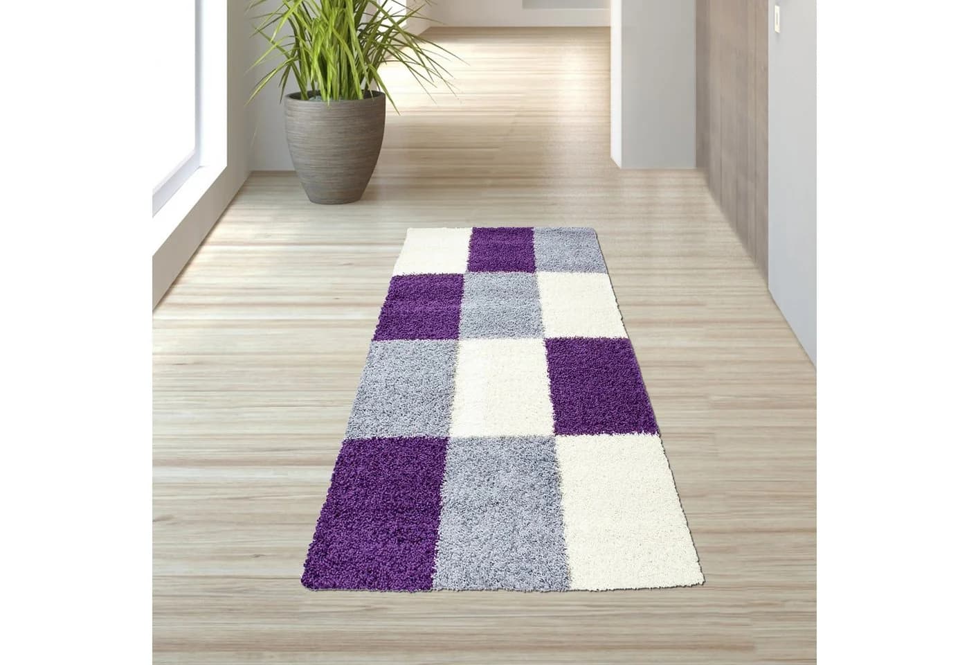 TeppichHome24 Shaggy Teppich Karo Design Lila Grau Creme