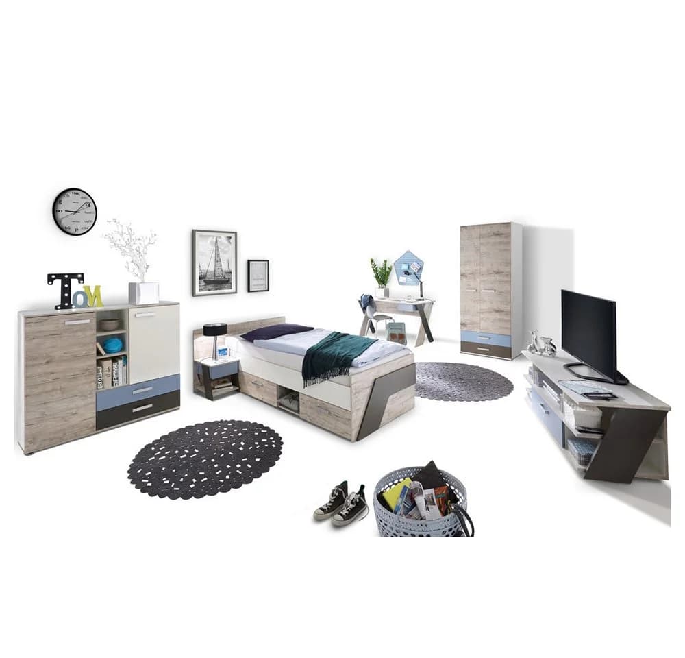 Lomadox Jugendzimmer-Set LEEDS-10 6-tlg. Sandeiche/Weiß/Blau