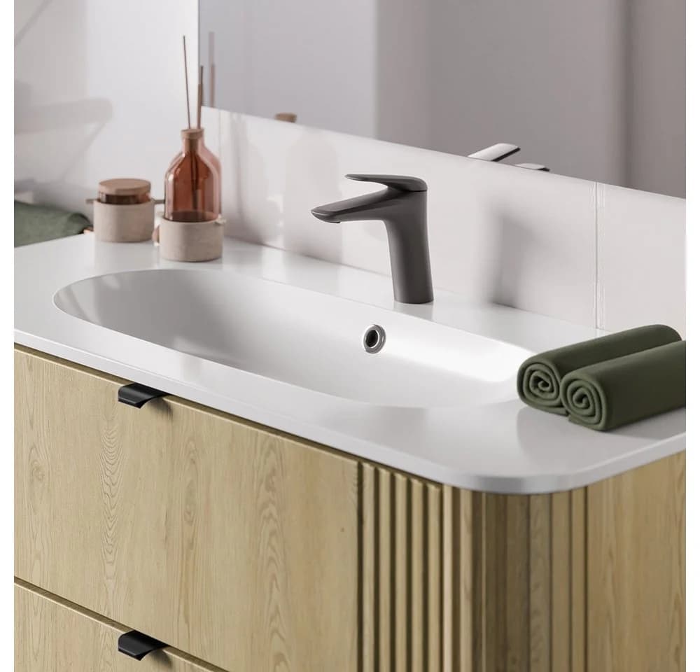 Lomadox Waschtisch 100 cm Eiche gerillt Metallgriffe Softclose Keramik