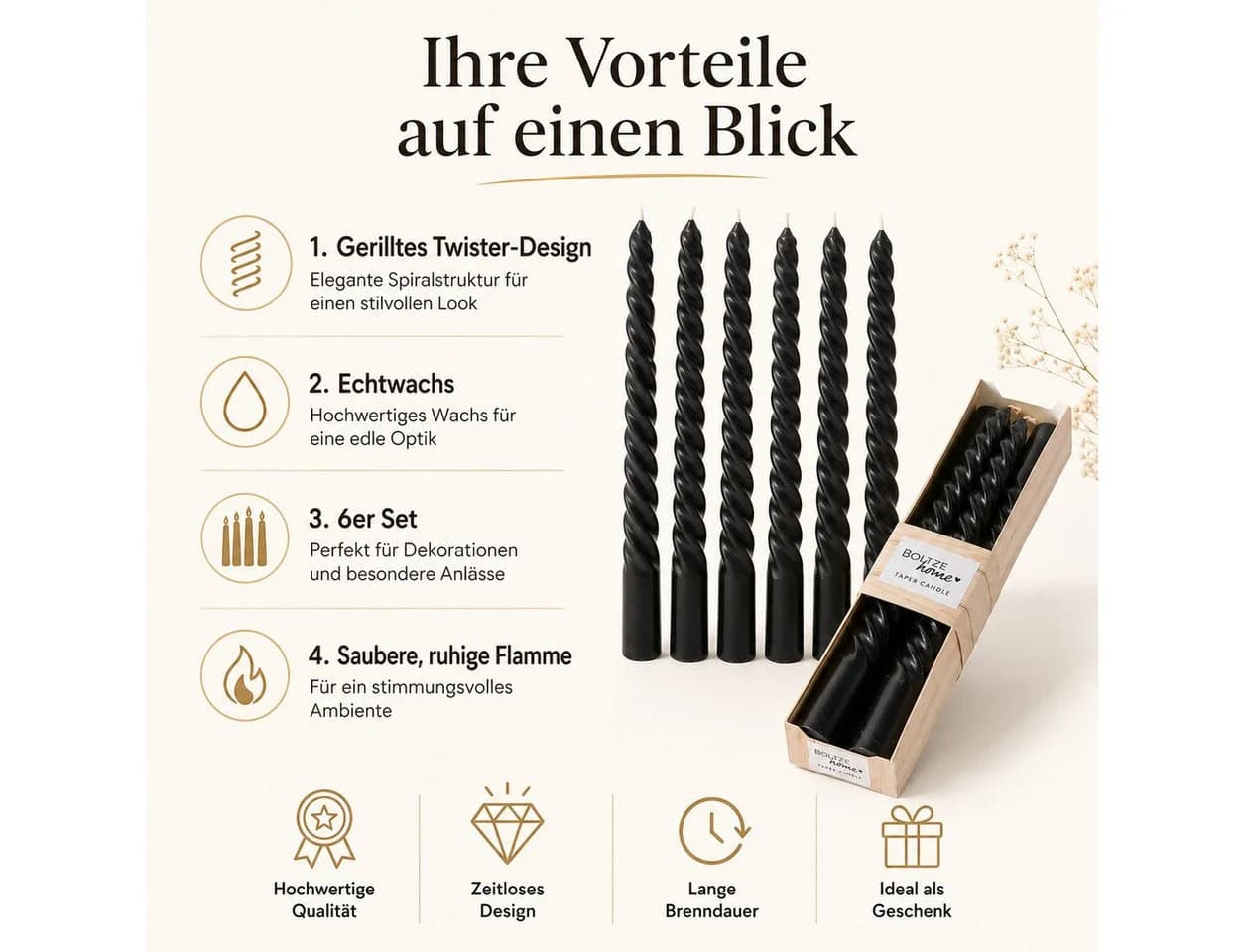 BOLTZE Tafelkerze Stabkerze Twisto Schwarz 6-tlg.
