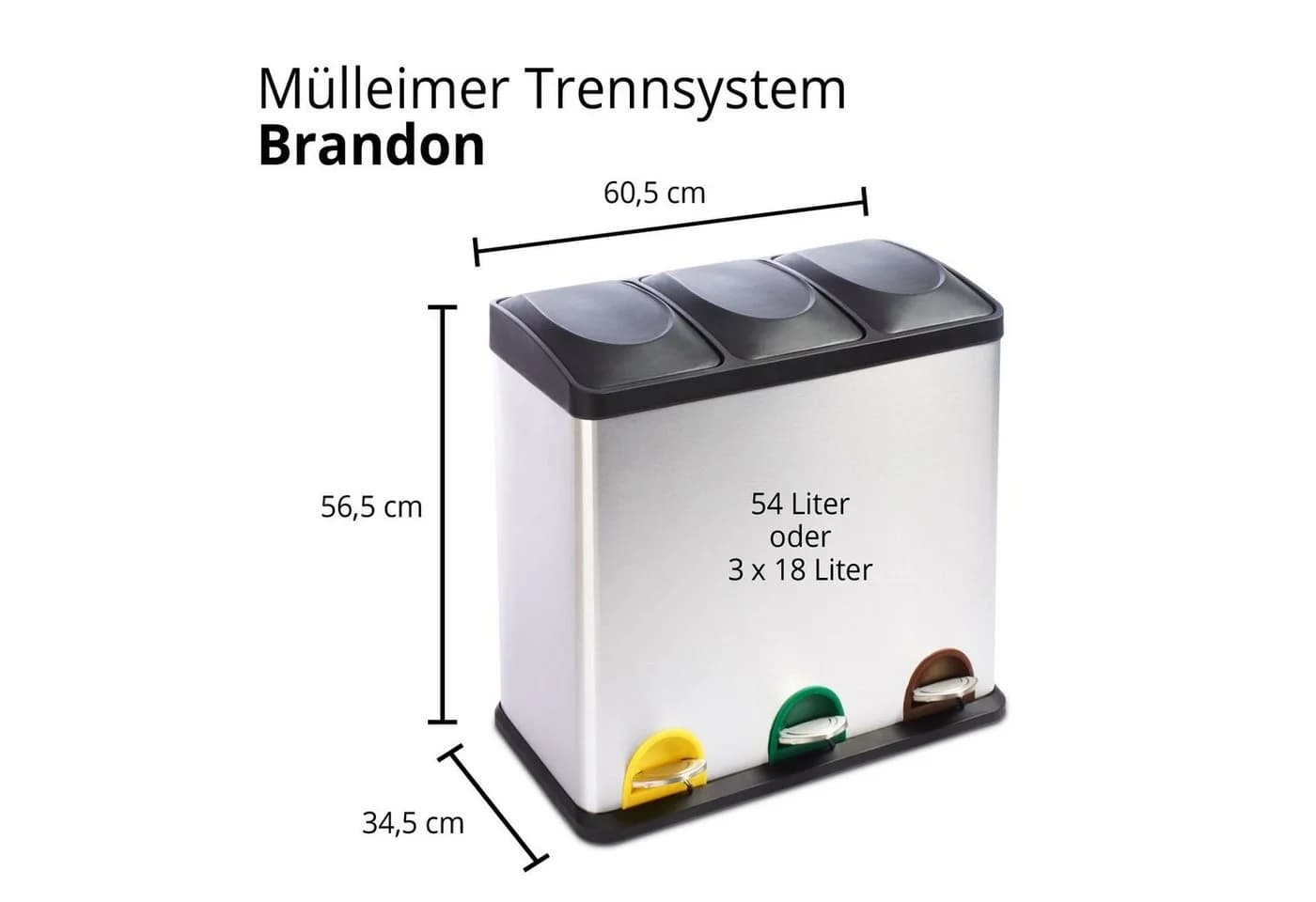 Floordirekt Mülleimer Brandon 54L Edelstahl Trennsystem 3 Fächer Silber