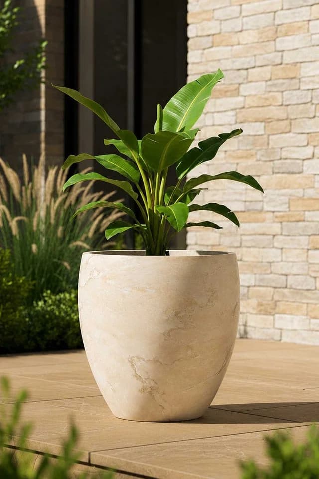 VIVANNO Blumentopf ANIRA Rund Fiberglas Steinoptik Beige