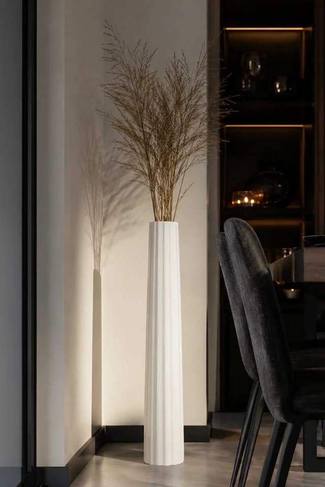VIVANNO Bodenvase Fiberglas ALGOLIA WAVE Weiß Geriffelt