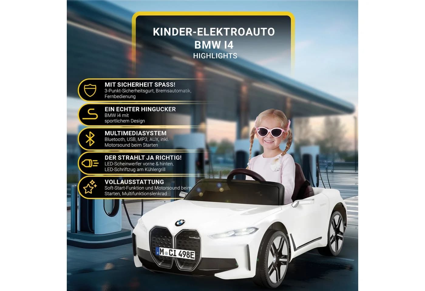 Actionbikes Motors Elektro-Kinderauto BMW i4 Weiß Fernbedienung Softstart