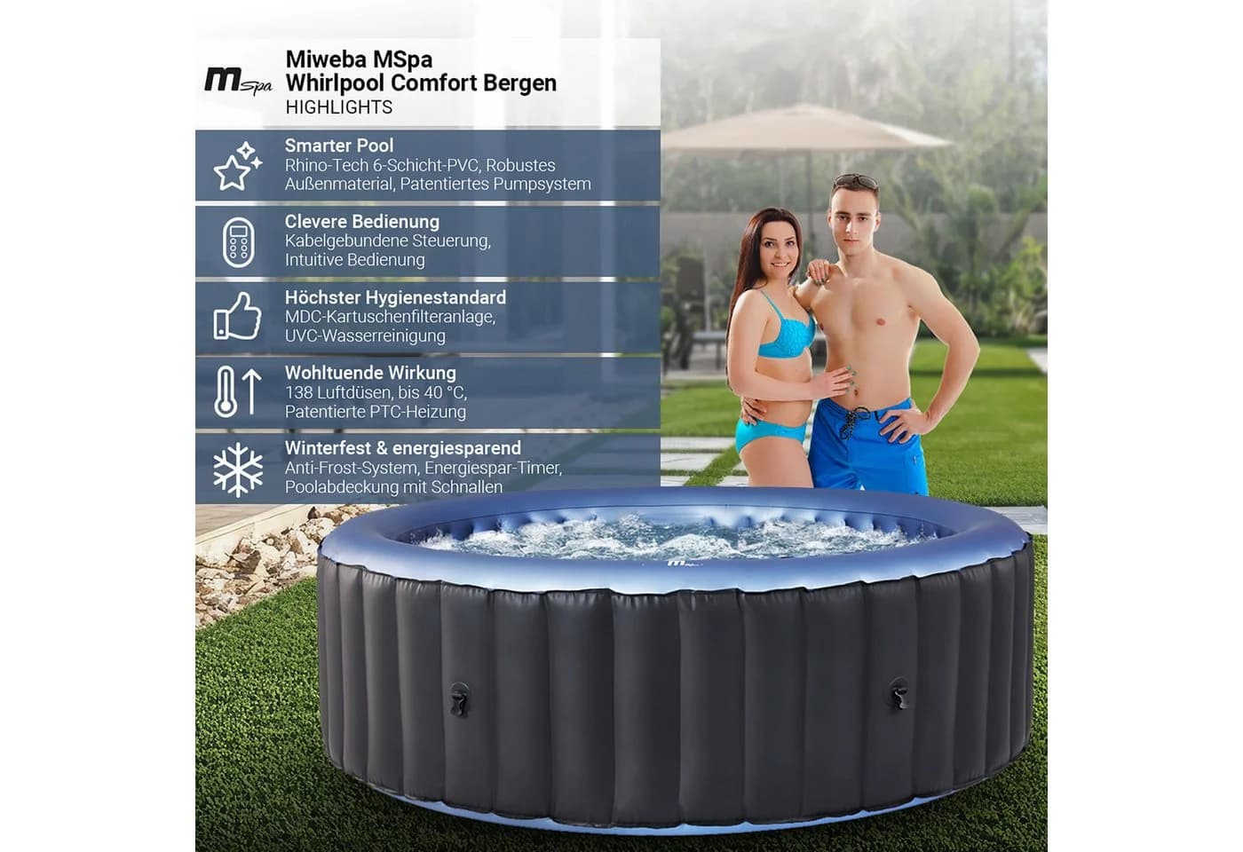 mSpa Whirlpool Comfort Bergen aufblasbar für 6 Personen mit UV-C-Desinfektion und Anti-Frost-System