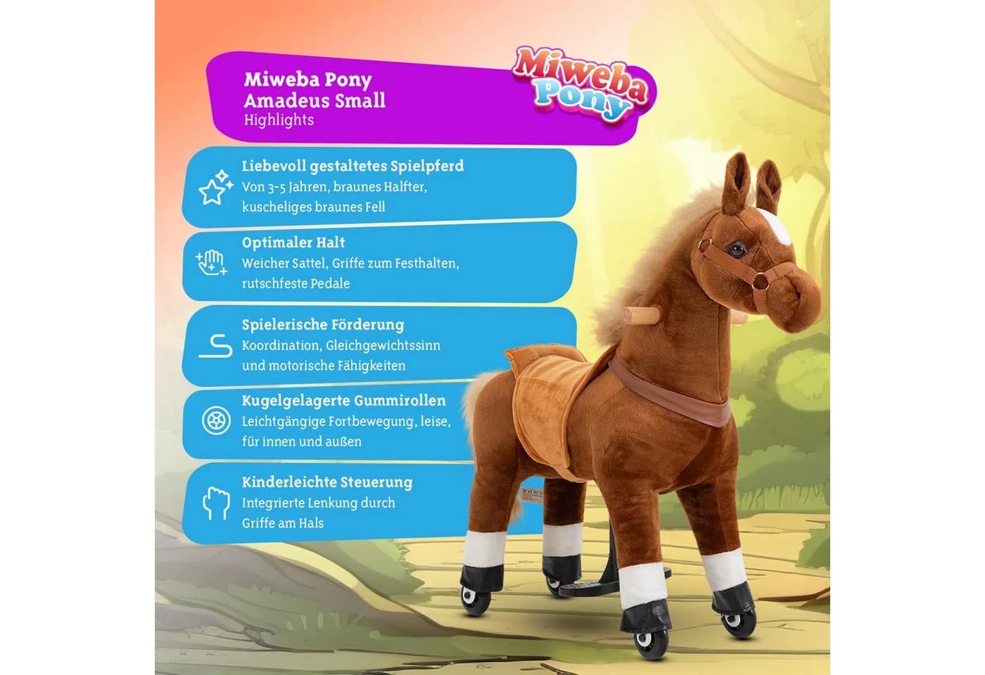 miweba Reitpferd Pony Amadeus Large Braun Integrierte Lenkung