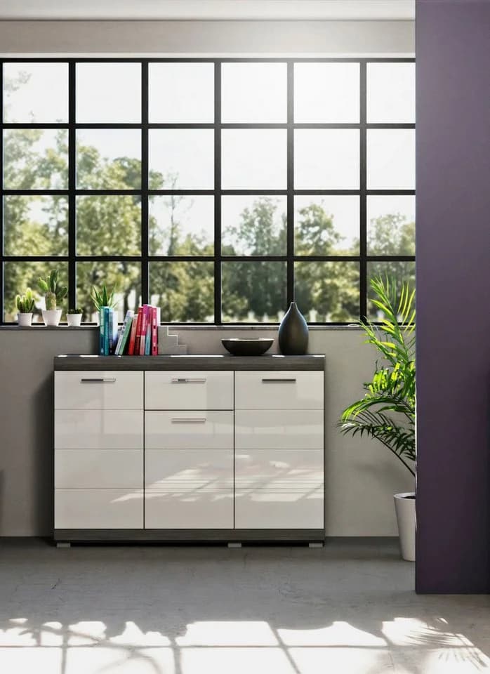 HOME AFFAIRE Kommode Siena Weiß Hochglanz Rauchsilber 3 Türen