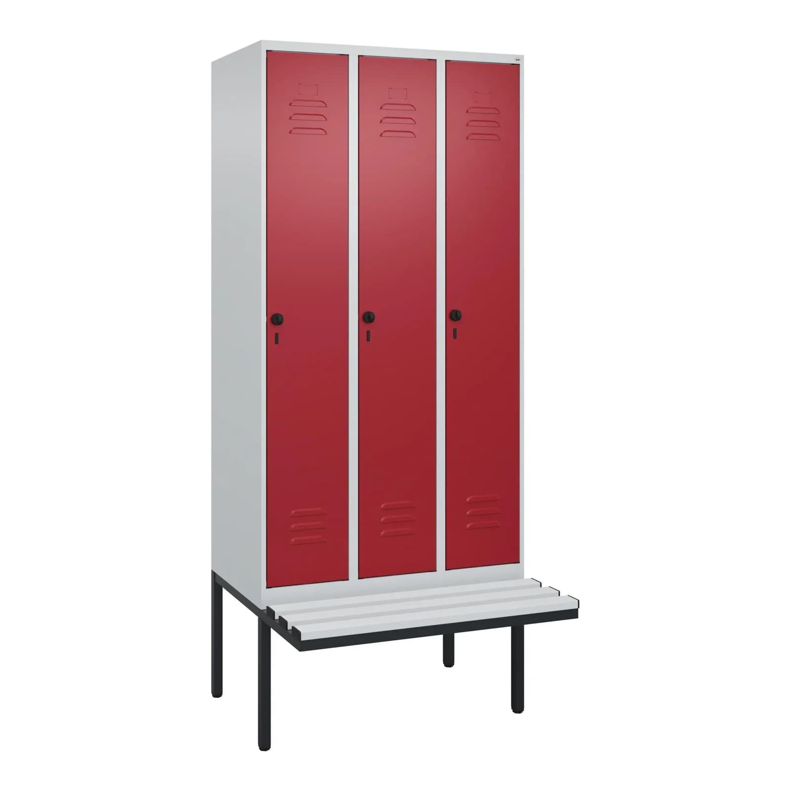 C+P Spind Classic PLUS Schließfachbank 3 Abteile mit Sitz und Garderobenstange