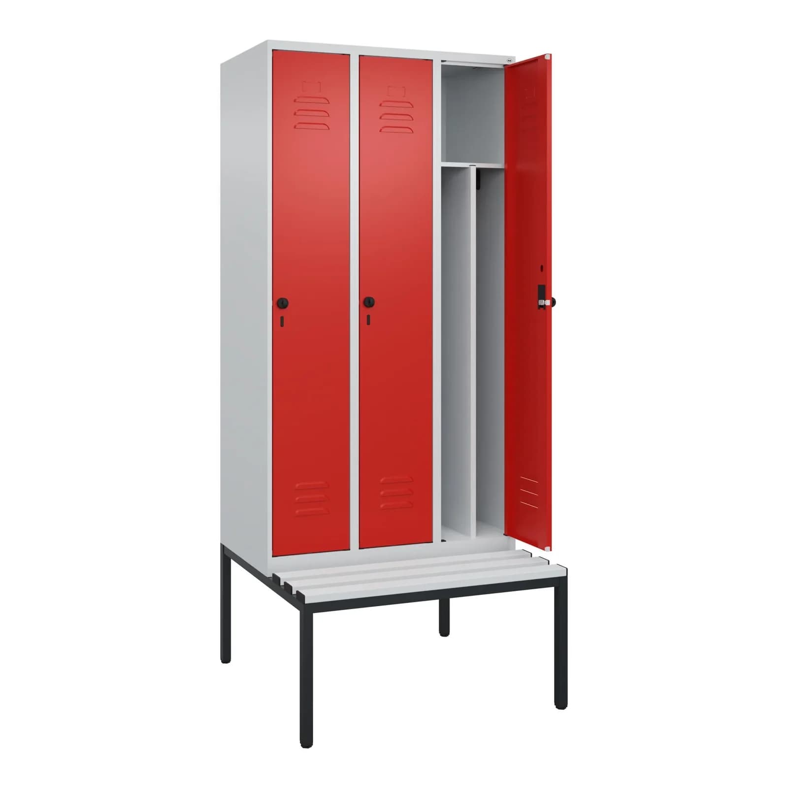 C+P Spind Classic PLUS Garderobenschrank mit Bank 3 Abteile Grau/Rot
