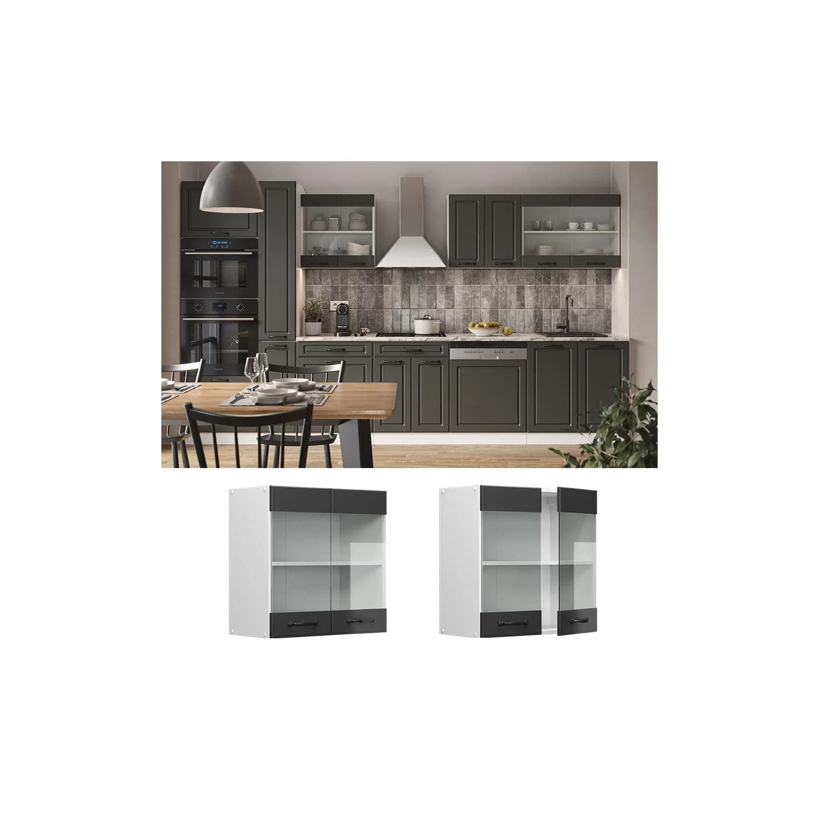 Vicco Hängeglasschrank R-Line Landhaus Weiß Anthrazit 60 cm