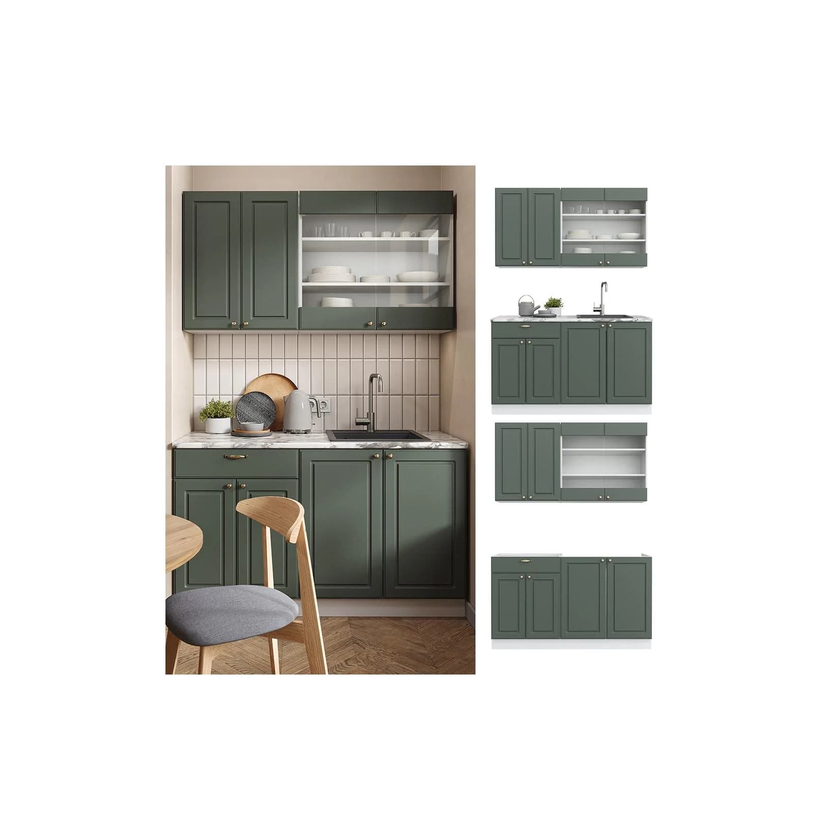 Vicco Küchenzeile Fame-Line Single Landhaus Weiß Grün Gold 140 cm